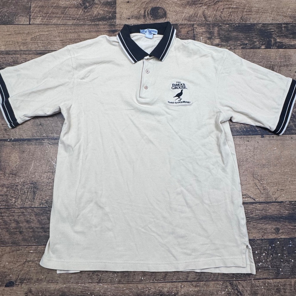 VTG The‎ Famous Grouse Scotch Whisky Mens Polo Shirt Beige L/G Short Sleeve Golf